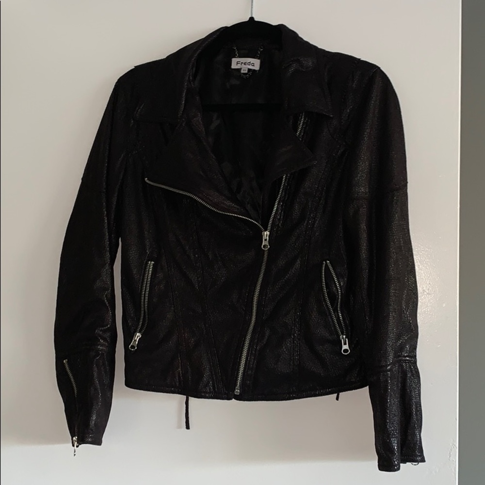 Black motorcycle jacket, fake soft leather